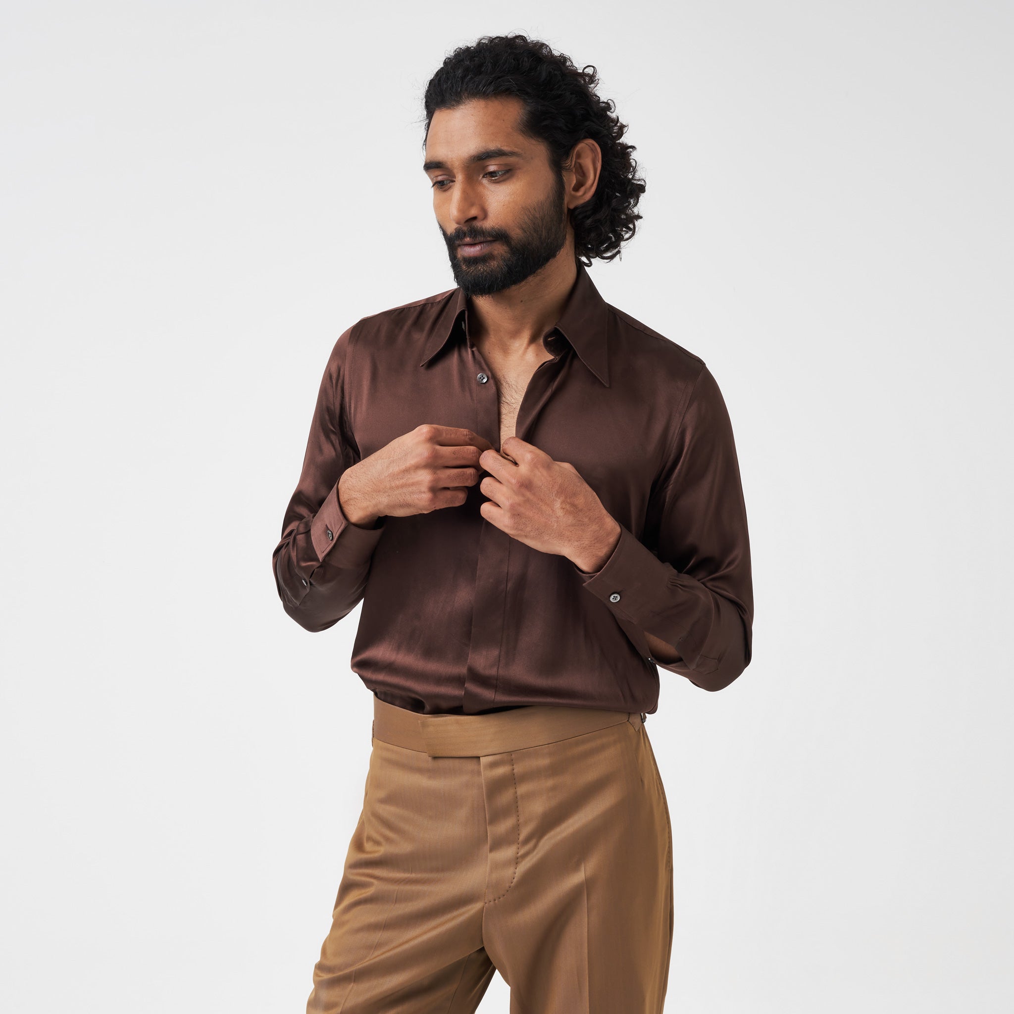 Chocolate Brown Point Collar Silk Shirt – Edward Sexton